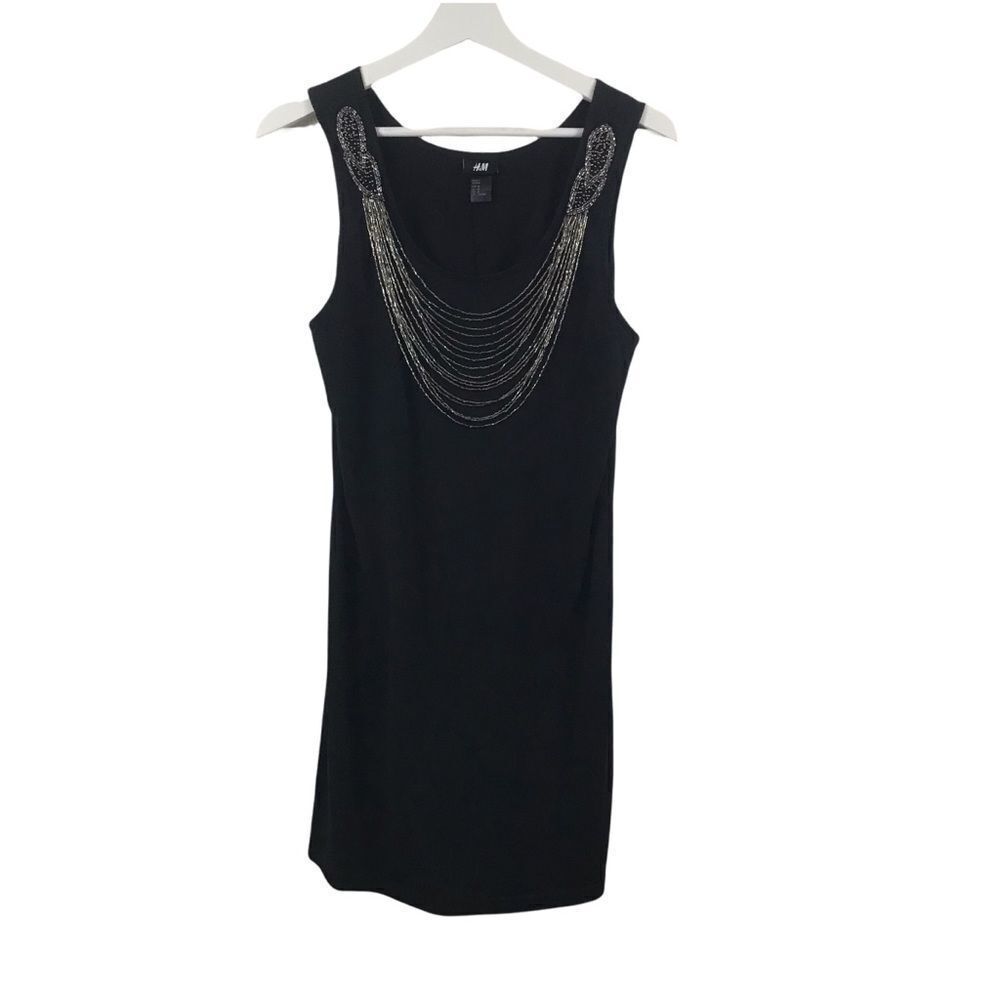 H&M Black Sleeveless Shift Dress Silver Beaded‎ Chain Necklace Detail Womens M